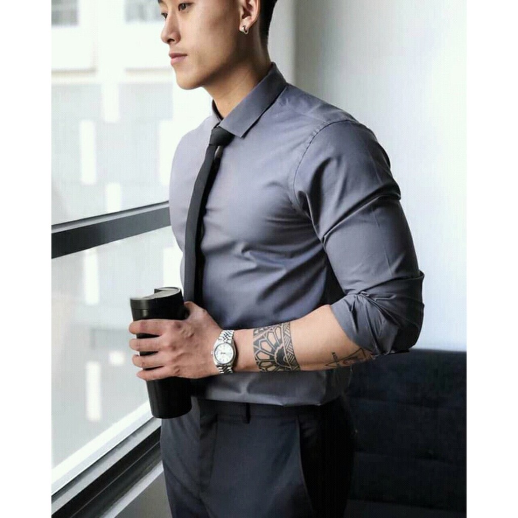 Áo sơ mi nam đẹp dài tay hàn quốc màu trắng đen vải sơ mi lụa công sở cao cấp